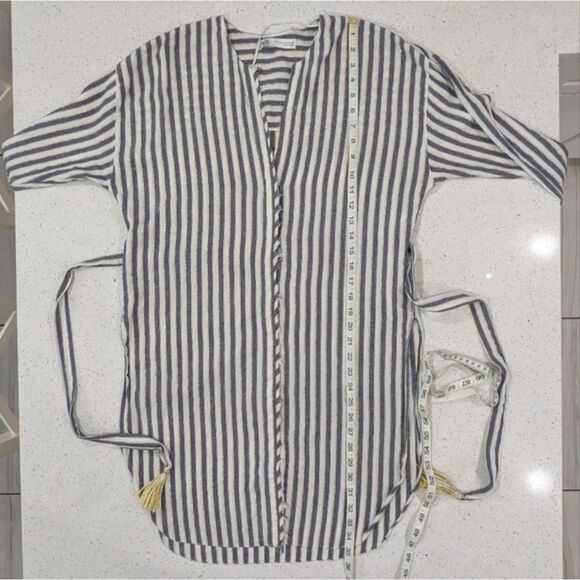 Zara White Blue Striped Button Down Tunic Shirt Long Sleeve Metallic Tassels XS - Picture 6 of 12